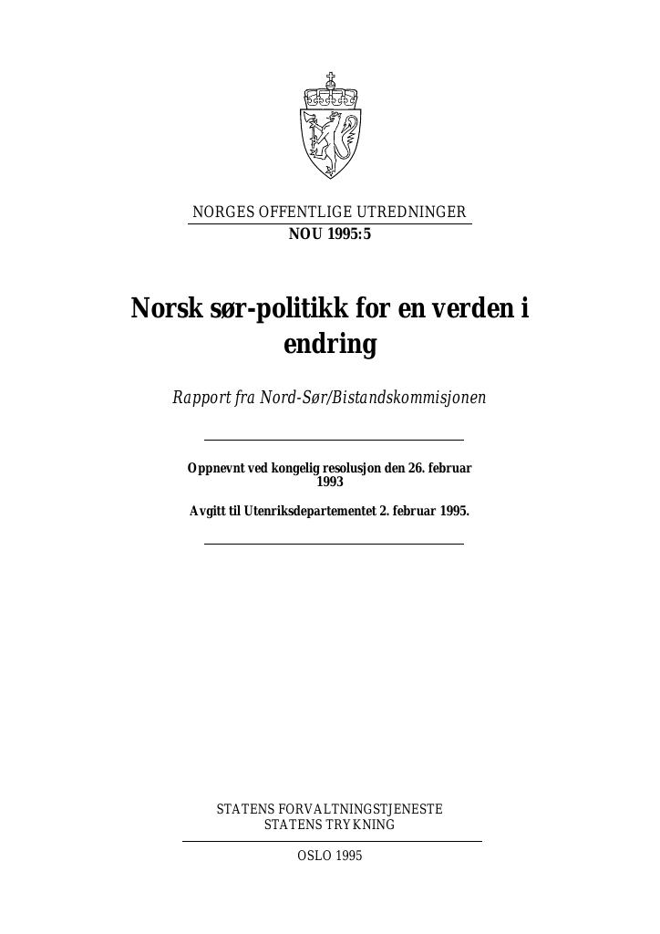 Forsiden av dokumentet NOU 1995: 5 - Norsk sør-politikk for en verden i endring