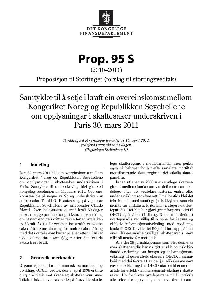 Forsiden av dokumentet Prop. 95 S (2010–2011)