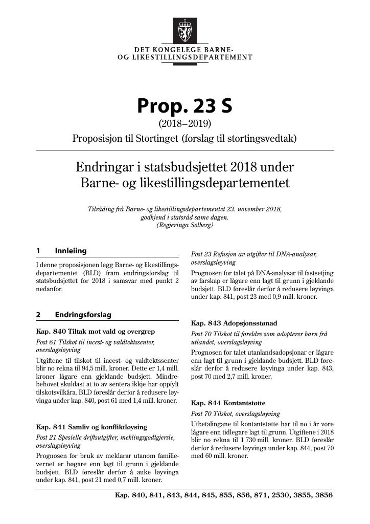 Forsiden av dokumentet Prop. 23 S (2018–2019)