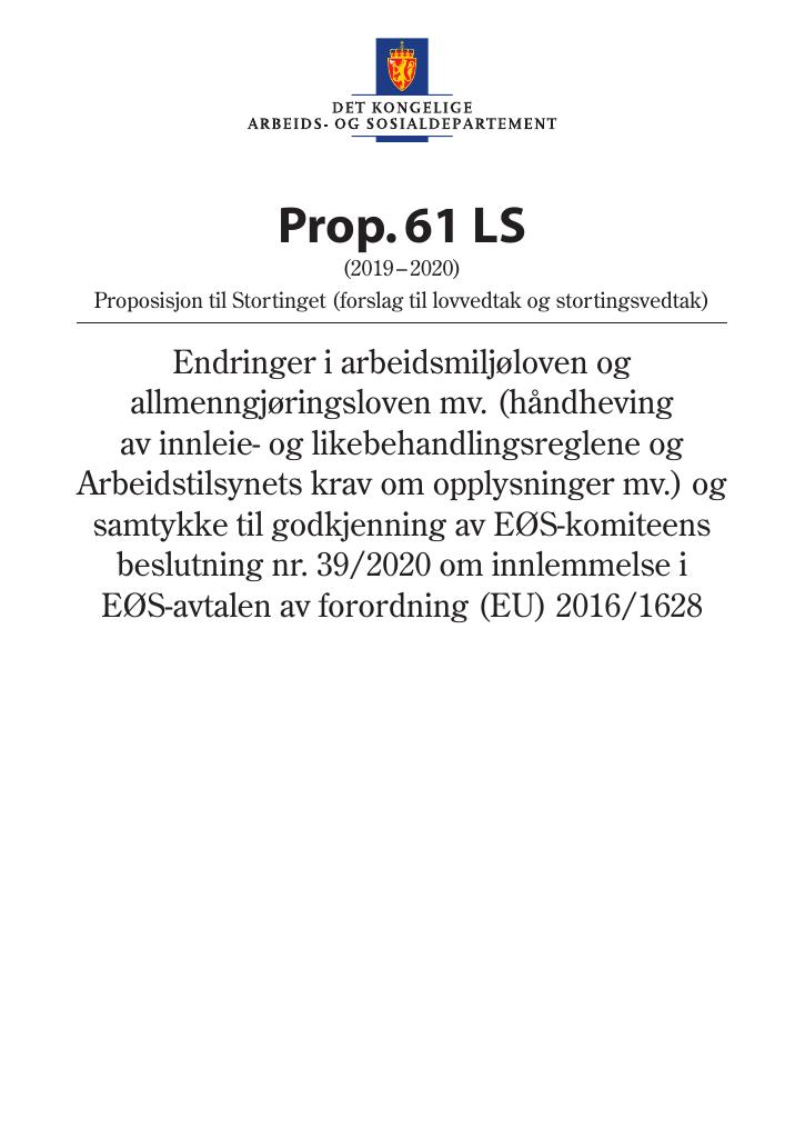 Forsiden av dokumentet Prop. 61 LS (2019–2020)