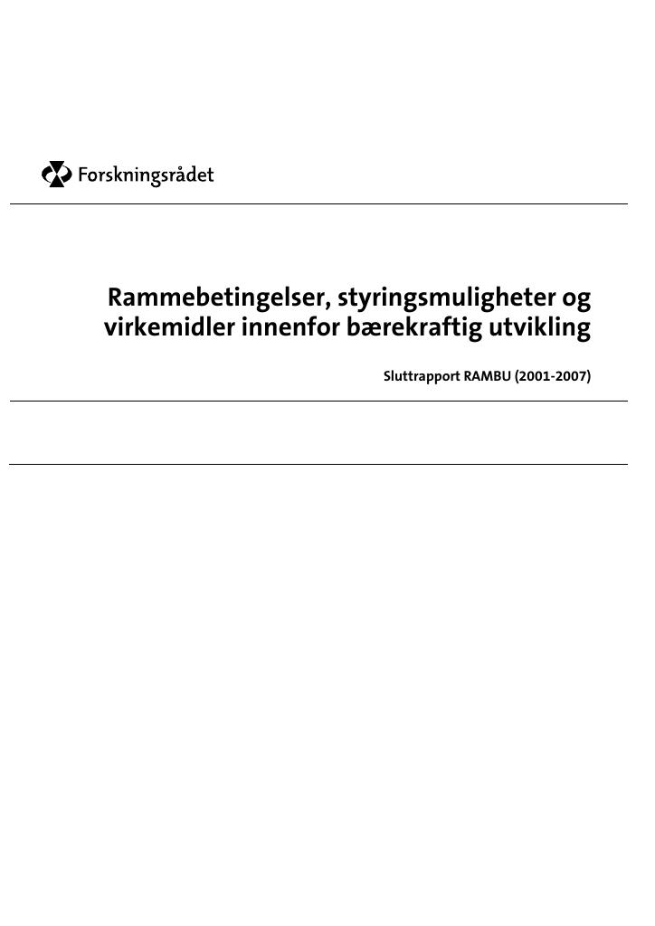Forsiden av dokumentet Rammebetingelser, styringsmuligheter og virkemidler innenfor bærekraftig utvikling