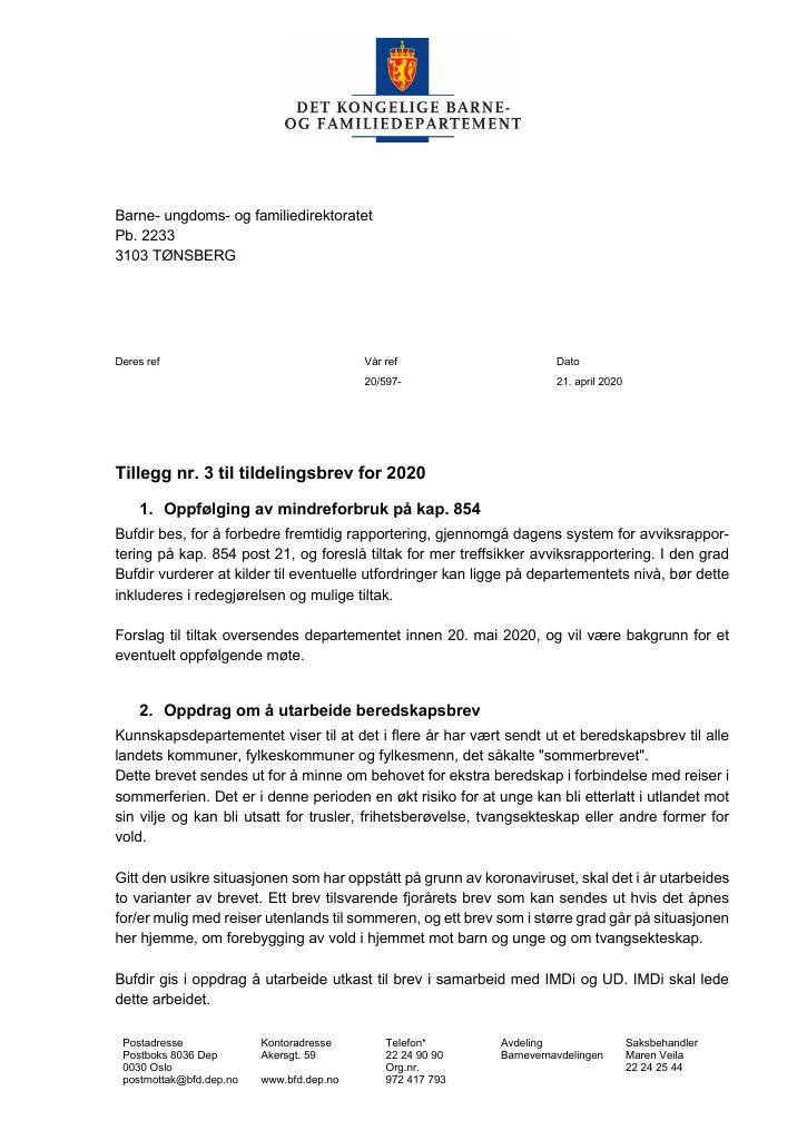 Forsiden av dokumentet Tildelingsbrev Bufdir 2020 -tillegg nr. 3