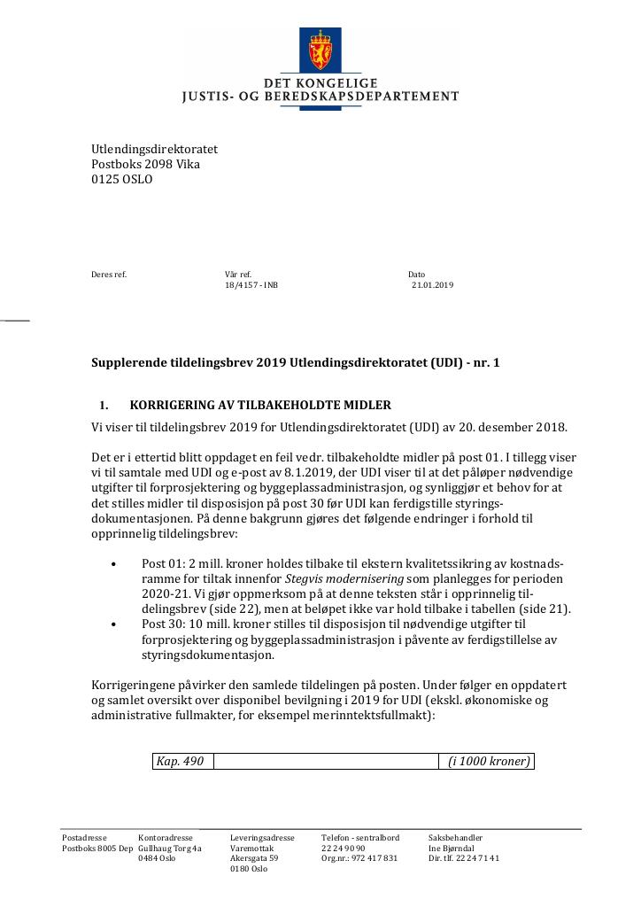 Forsiden av dokumentet Supplerende tildelingsbrev nr 1 (PDF)