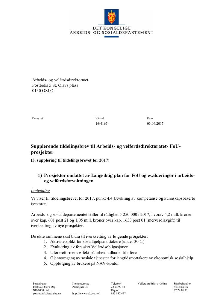 Forsiden av dokumentet Tildelingsbrev Arbeids- og velferdsdirektoratet 2017 - tillegg nr. 3
