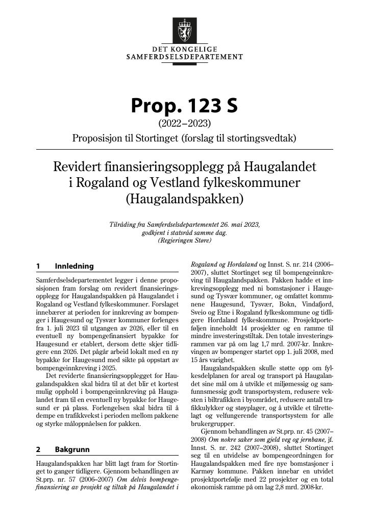 Forsiden av dokumentet Prop. 123 S (2022–2023)
