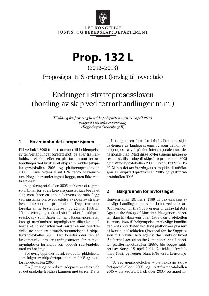 Forsiden av dokumentet Prop. 132 L (2012–2013)