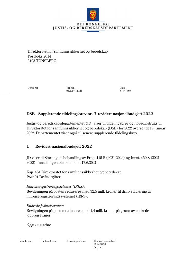 Forsiden av dokumentet Tildelingsbrev Direktoratet for samfunnssikkerhet og beredskap 2022 - tillegg nr. 7