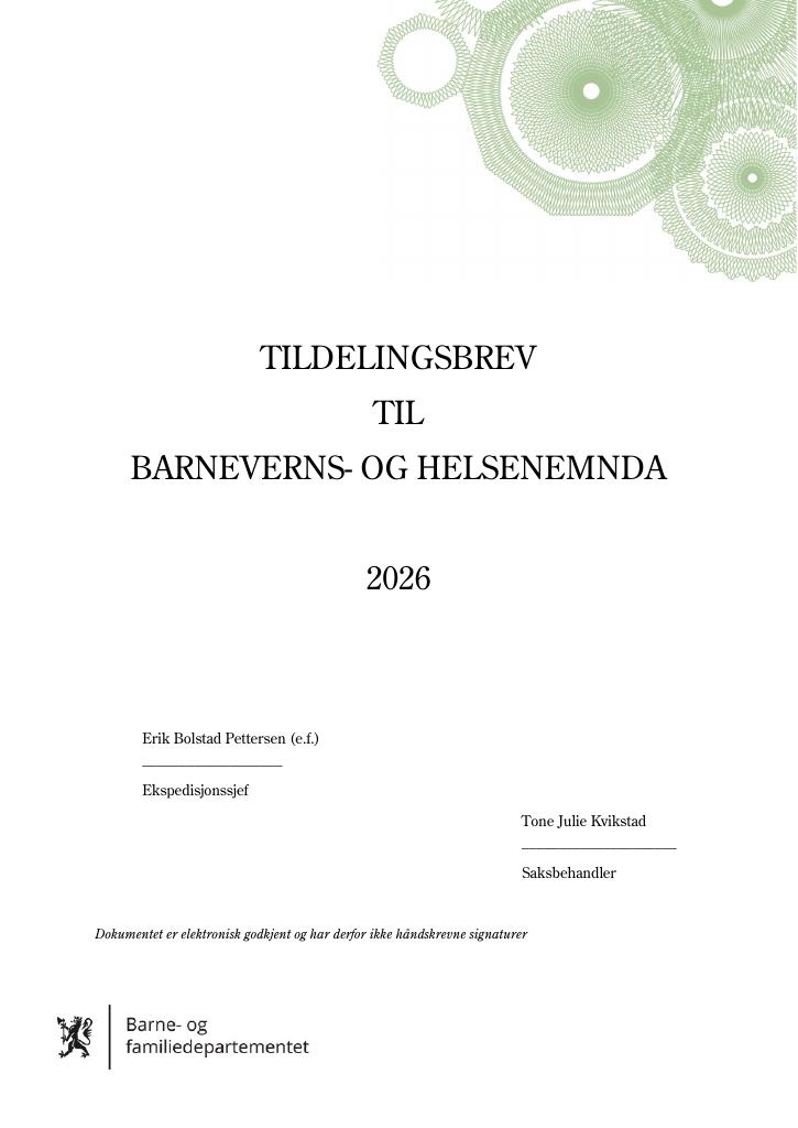 Forsiden av dokumentet Tildelingsbrev Barneverns- og helsenemnda 2026