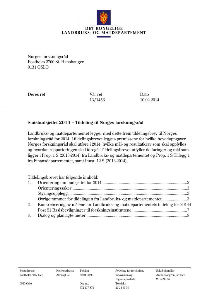 Forsiden av dokumentet Tildelingsbrev (PDF)