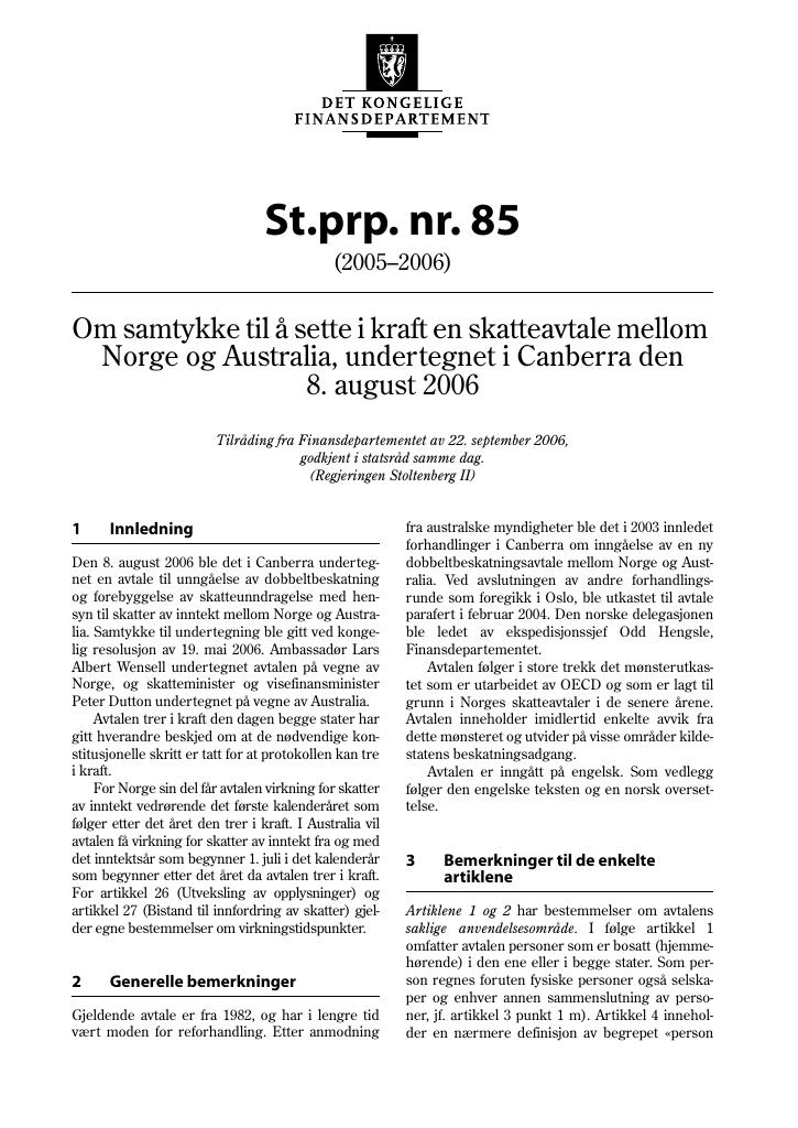 Forsiden av dokumentet St.prp. nr. 85 (2005-2006)