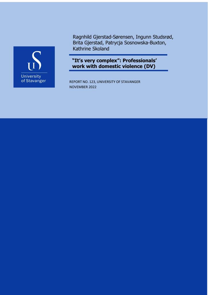 Forsiden av dokumentet It’s very complex: Professionals’ work with domestic violence (DV) : Report – FGI and interviews 2022