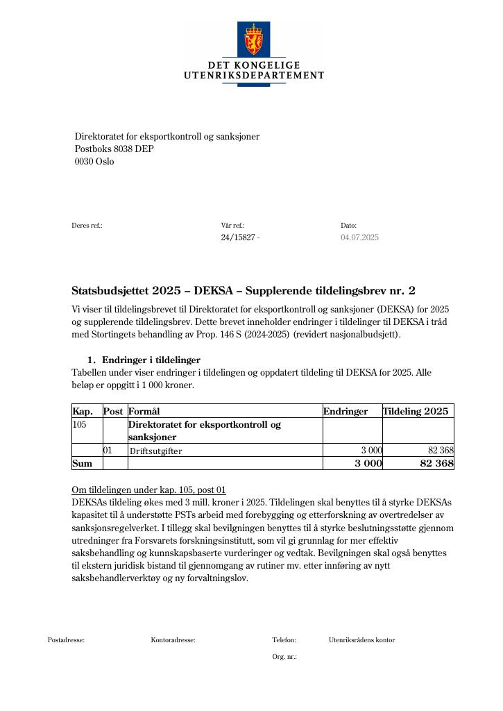 Forsiden av dokumentet Tildelingsbrev Deksa 2025 - tillegg nr. 2
