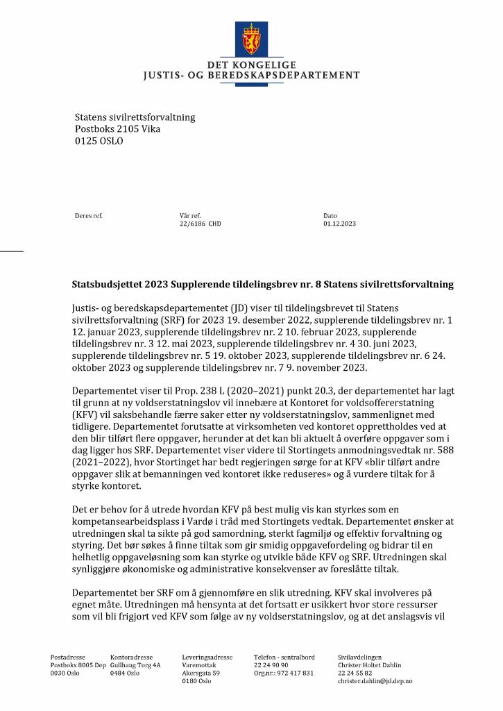 Forsiden av dokumentet Tildelingsbrev Statens sivilrettsforvaltning 2023 - tillegg nr. 8