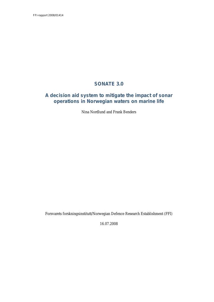 Forsiden av dokumentet SONATE 3.0 : a decision aid system to mitigate the impact of sonar operations in Norwegian waters on marine life