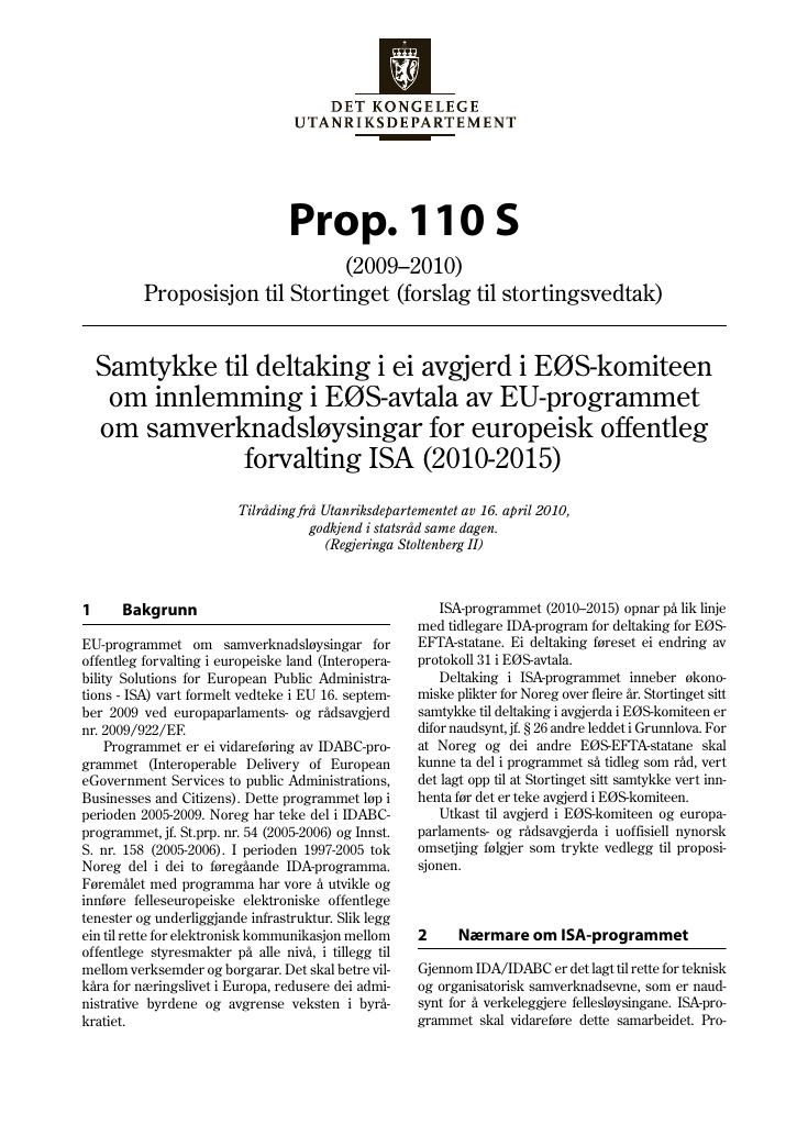 Forsiden av dokumentet Prop. 110 S (2009–2010)