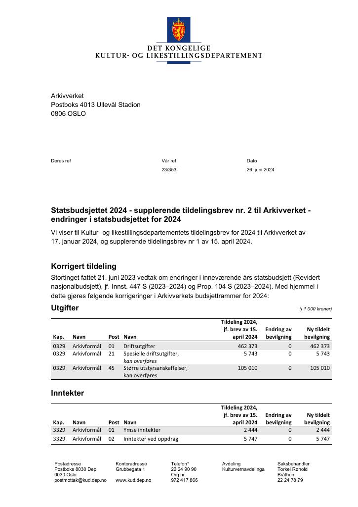 Forsiden av dokumentet Tildelingsbrev Arkivverket 2024 - tillegg nr. 2