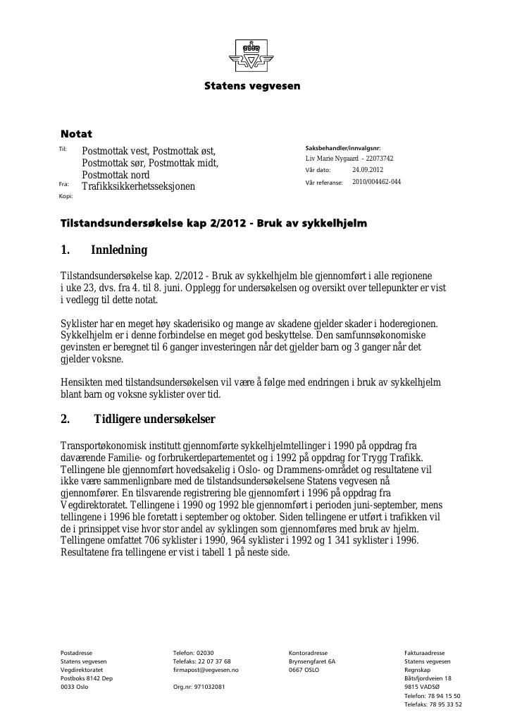 Forsiden av dokumentet Tilstandsundersøkelse kap 2/2012 - Bruk av sykkelhjelm