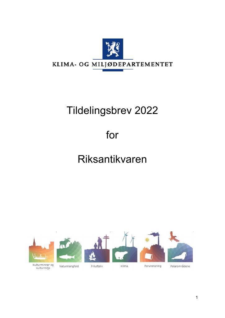 Forsiden av dokumentet Tildelingsbrev Riksantikvaren 2022