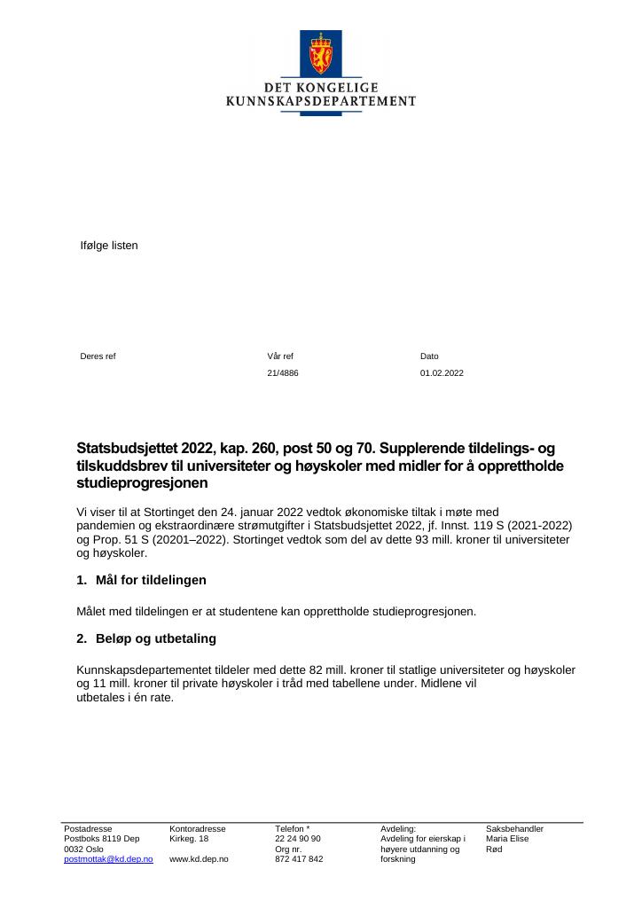Forsiden av dokumentet Tildelingsbrev Universiteter og høyskoler 2022 - tillegg nr. 1