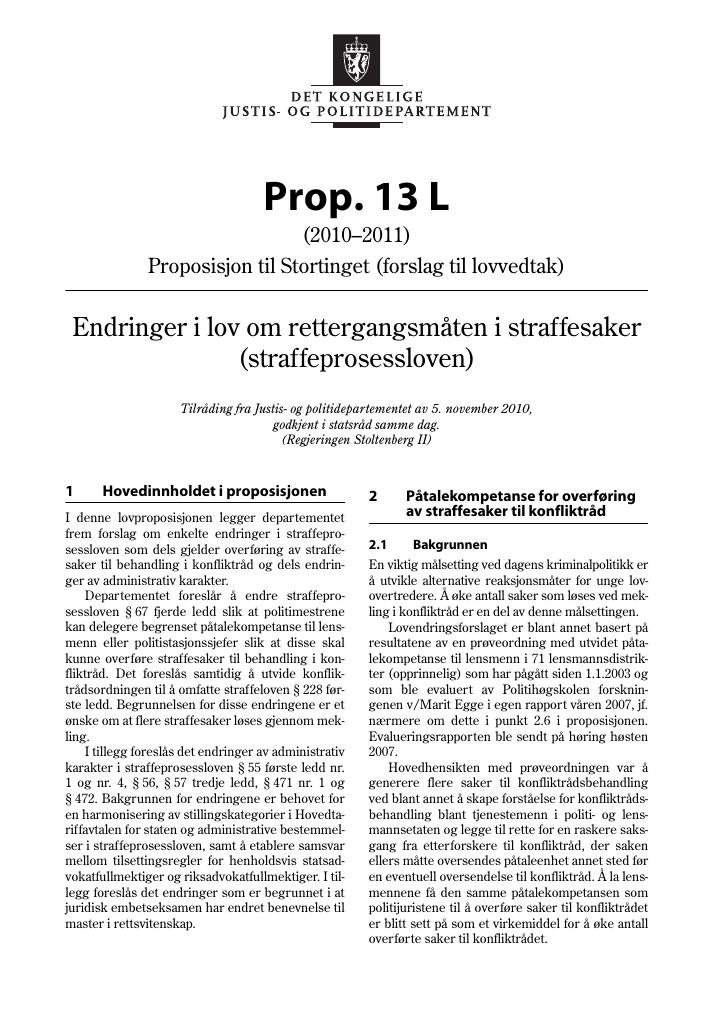 Forsiden av dokumentet Prop. 13 L (2010–2011)