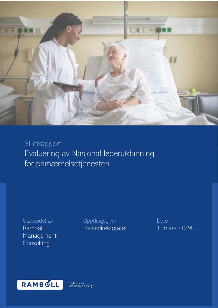 Forsiden av dokumentet Evaluering av Nasjonal lederutdanning for primærhelsetjenesten - sluttrapport