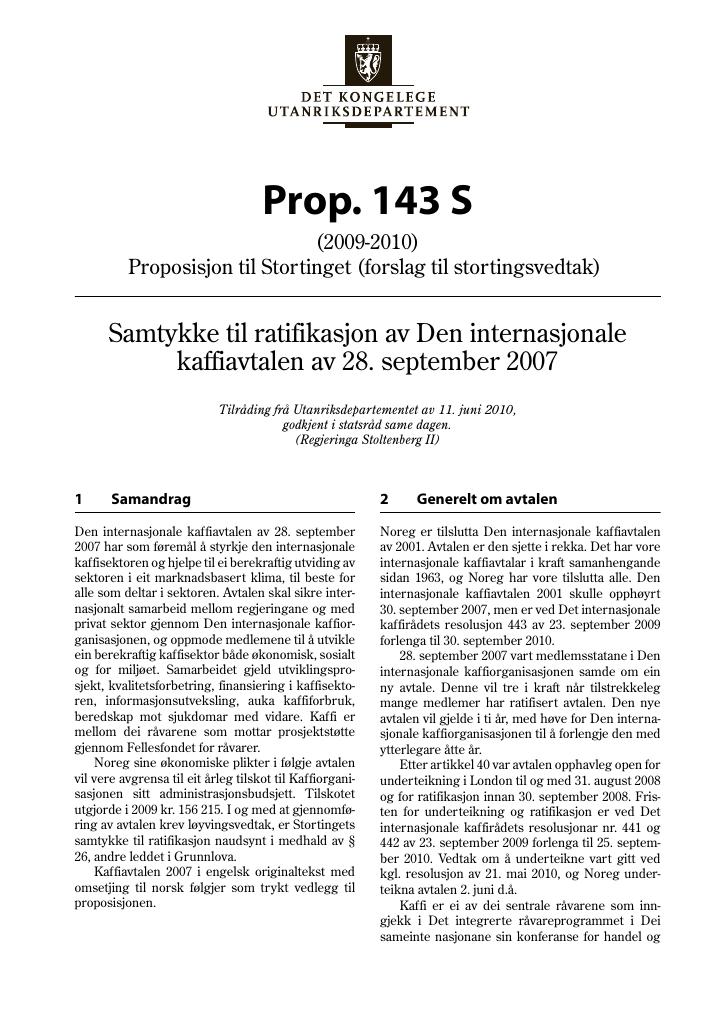 Forsiden av dokumentet Prop. 143 S (2009-2010)