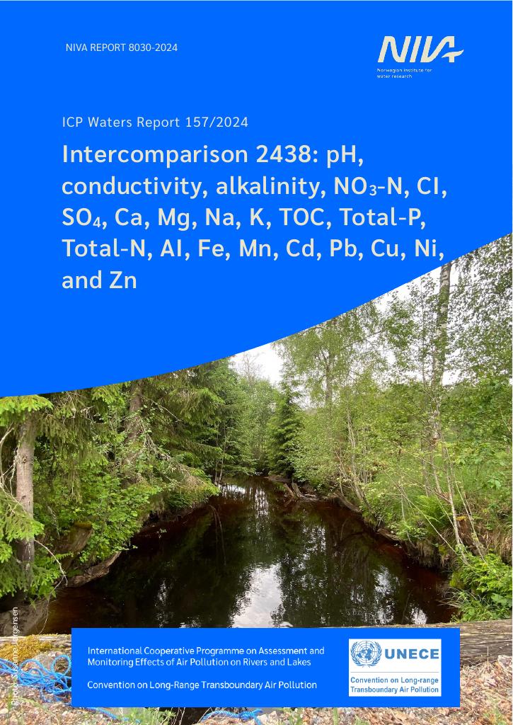 Forsiden av dokumentet Intercomparison 2438: pH,  Conductivity, Alkalinity, NO3-N, Cl, SO4,  Ca, Mg, Na, K, TOC, Tot-P, Tot-N, Al, Fe,  Mn, Cd, Pb, Cu, Ni, and Zn. ICP Waters Report 157/2024