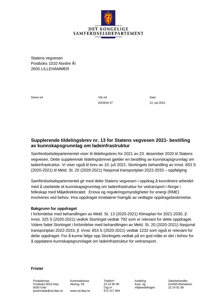 Forsiden av dokumentet Tildelingsbrev Statens vegvesen 2021 - tillegg nr. 13