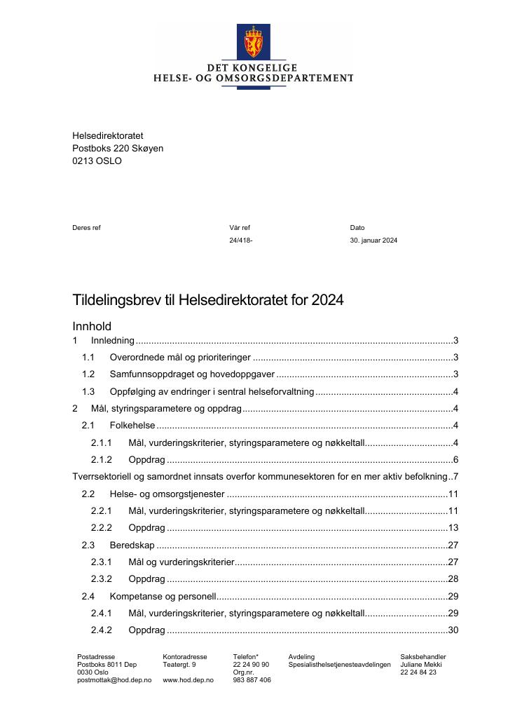 Forsiden av dokumentet Tildelingsbrev 2024