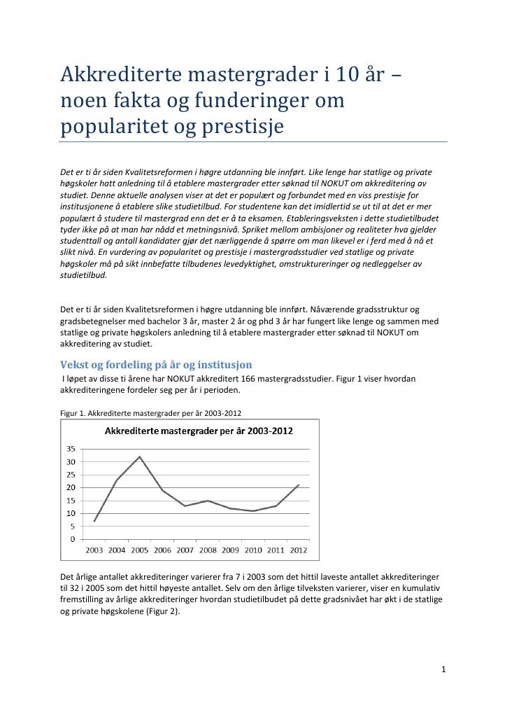 Forsiden av dokumentet Akkrediterte mastergrader i 10 år – noen fakta og funderinger om popularitet og prestisje