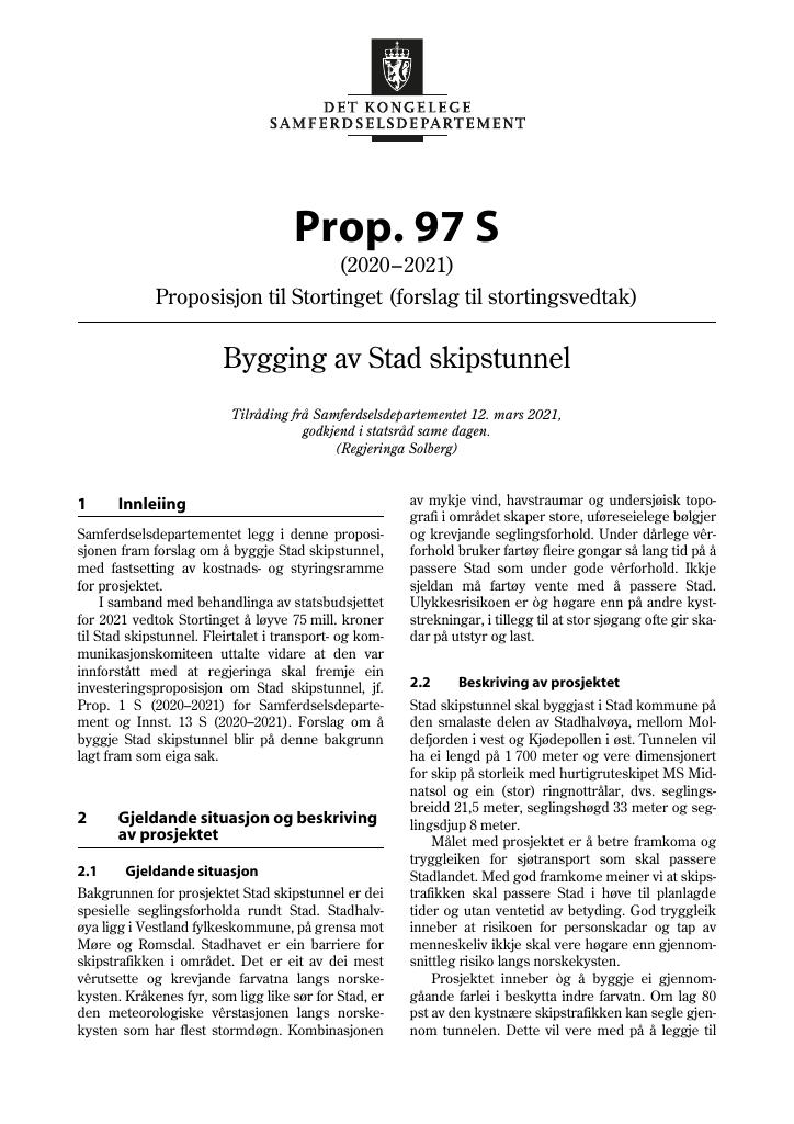 Forsiden av dokumentet Prop. 97 S (2020–2021)