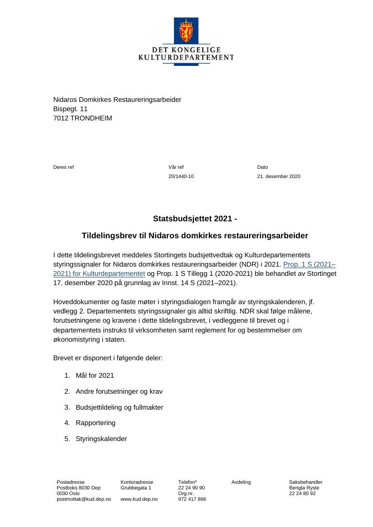 Forsiden av dokumentet Tildelingsbrev Nidaros domkirkes Restaureringsarbeider 2021