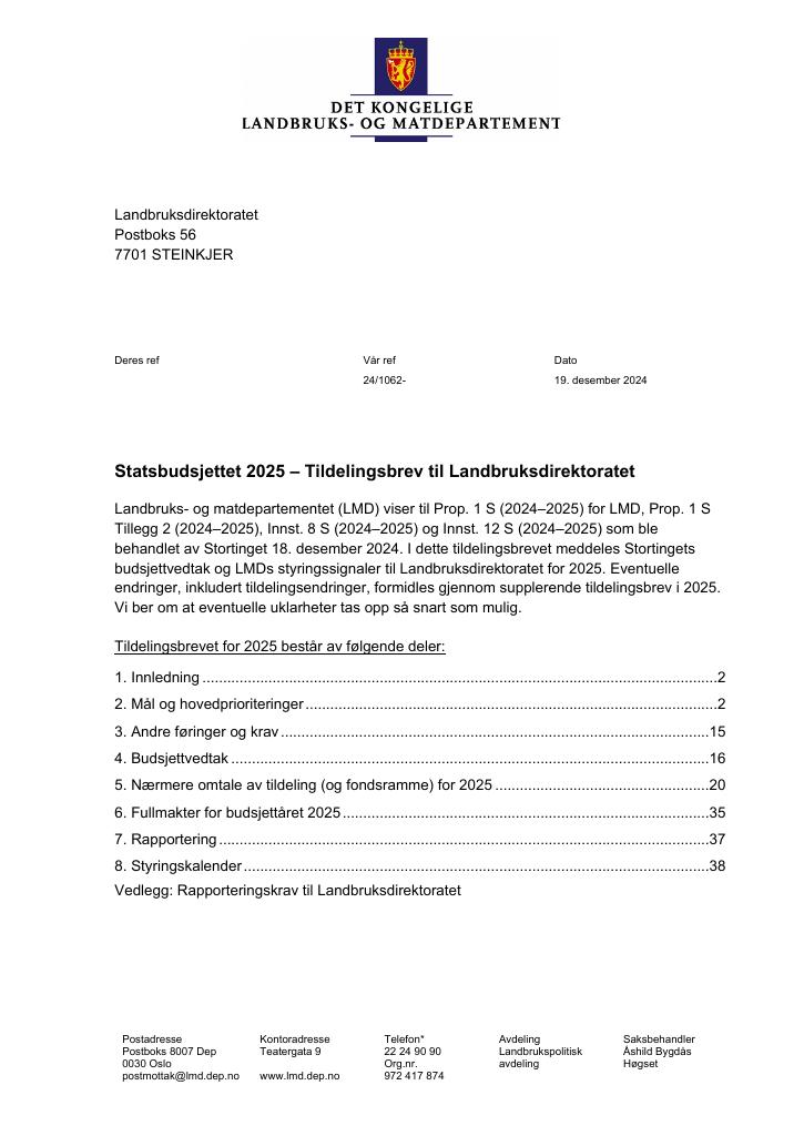 Forsiden av dokumentet Tildelingsbrev Landbruksdirektoratet 2025