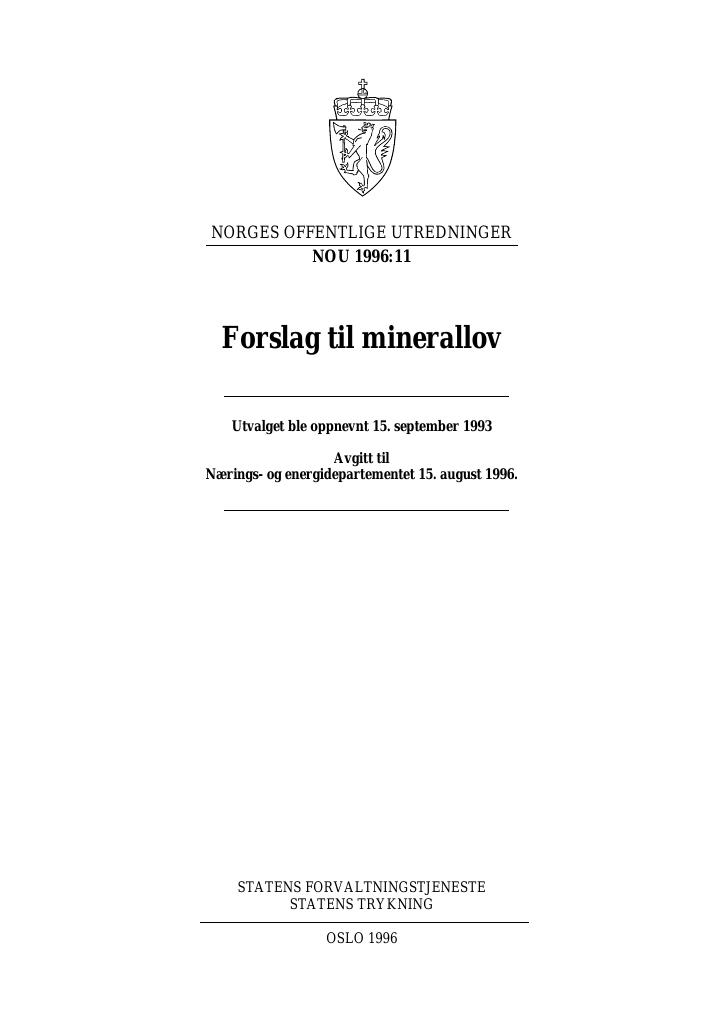 Forsiden av dokumentet NOU 1996: 11 - Forslag til minerallov