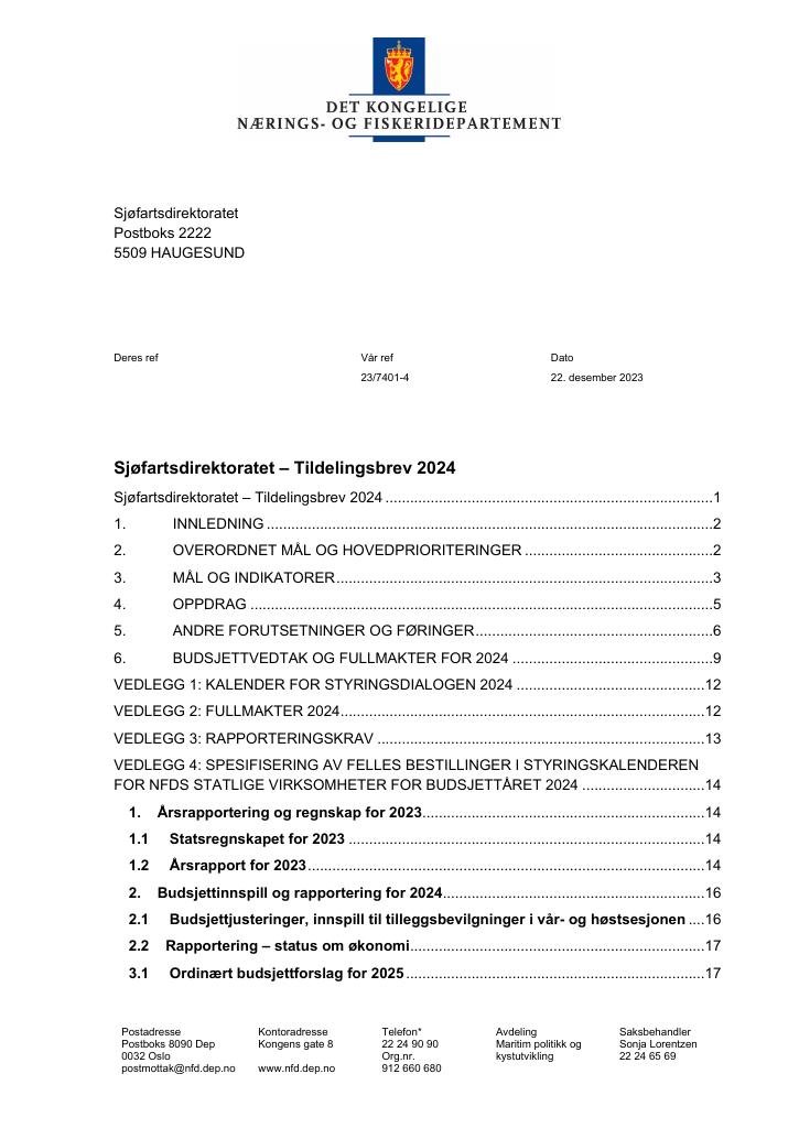 Forsiden av dokumentet Tildelingsbrev Sjøfartsdirektoratet 2024 Tildelingbrev