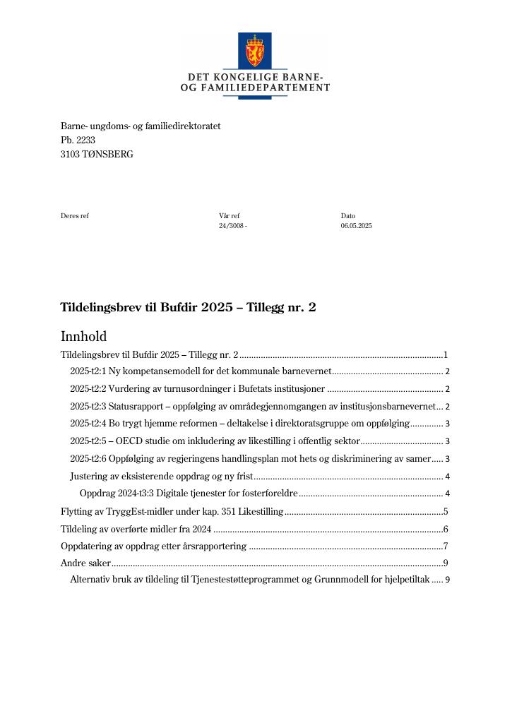 Forsiden av dokumentet Tildelingsbrev Bufdir 2025 - tillegg nr. 2