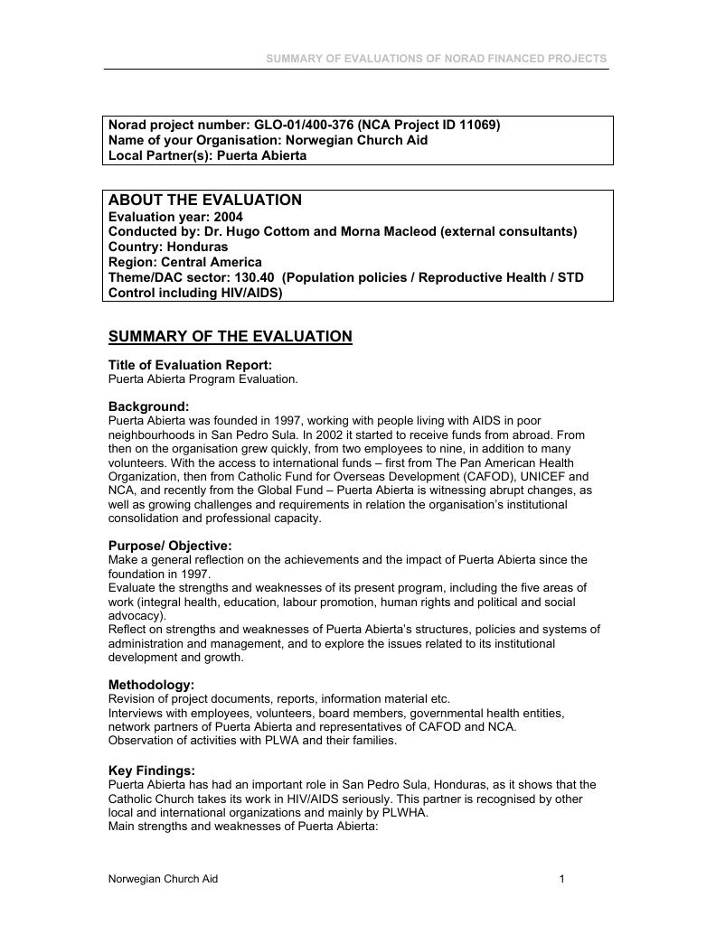Forsiden av dokumentet Puerta Abierta Program Evaluation