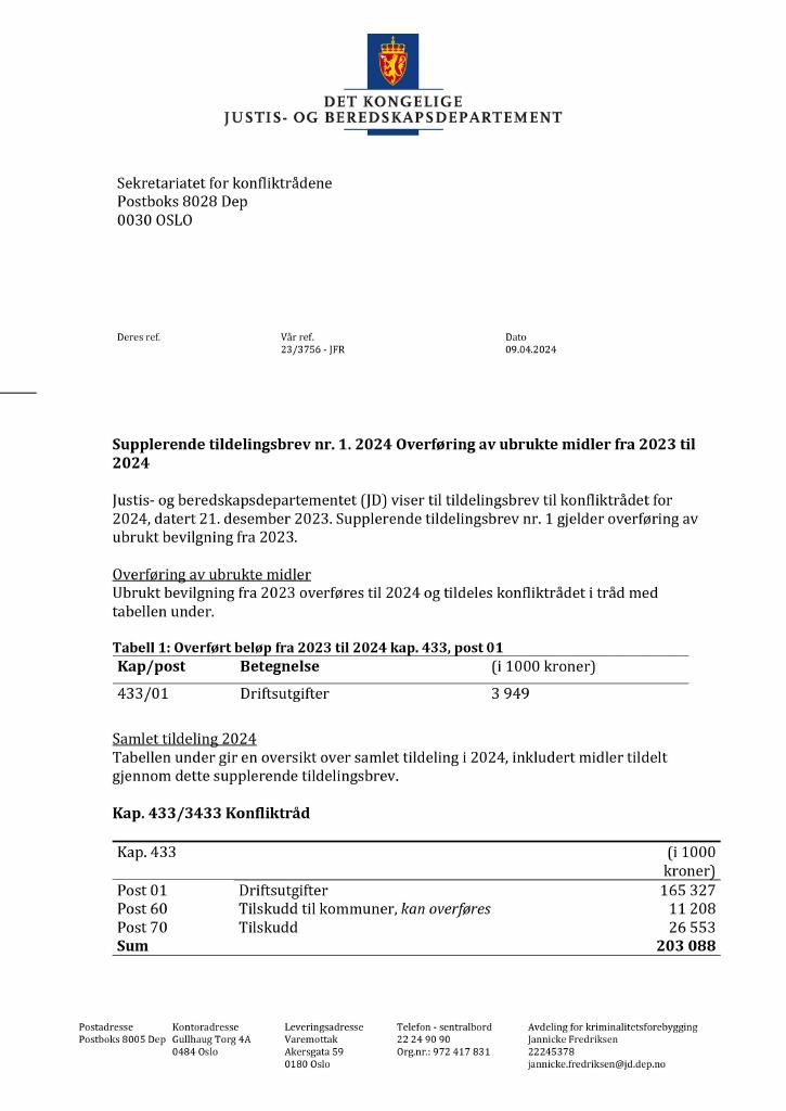 Forsiden av dokumentet Tildelingsbrev Konfliktrådet 2024 - tillegg nr. 1