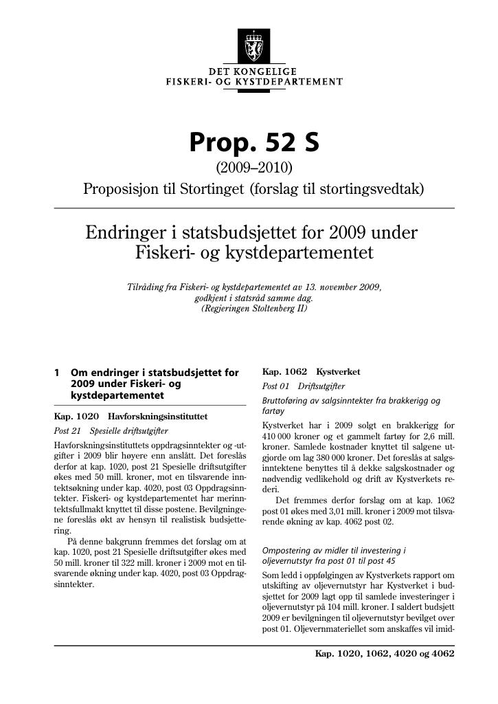 Forsiden av dokumentet Prop. 52 S (2009-2010)