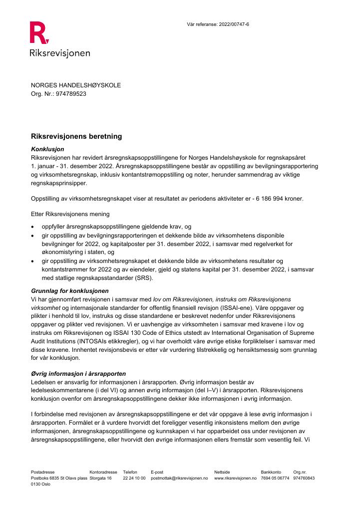 Forsiden av dokumentet Revisjonsberetning Norges handelshøgskole 2022