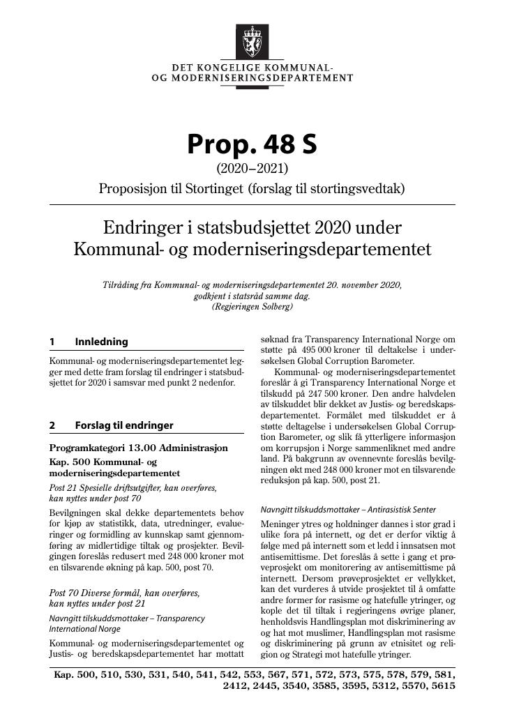 Forsiden av dokumentet Prop. 48 S (2020–2021)