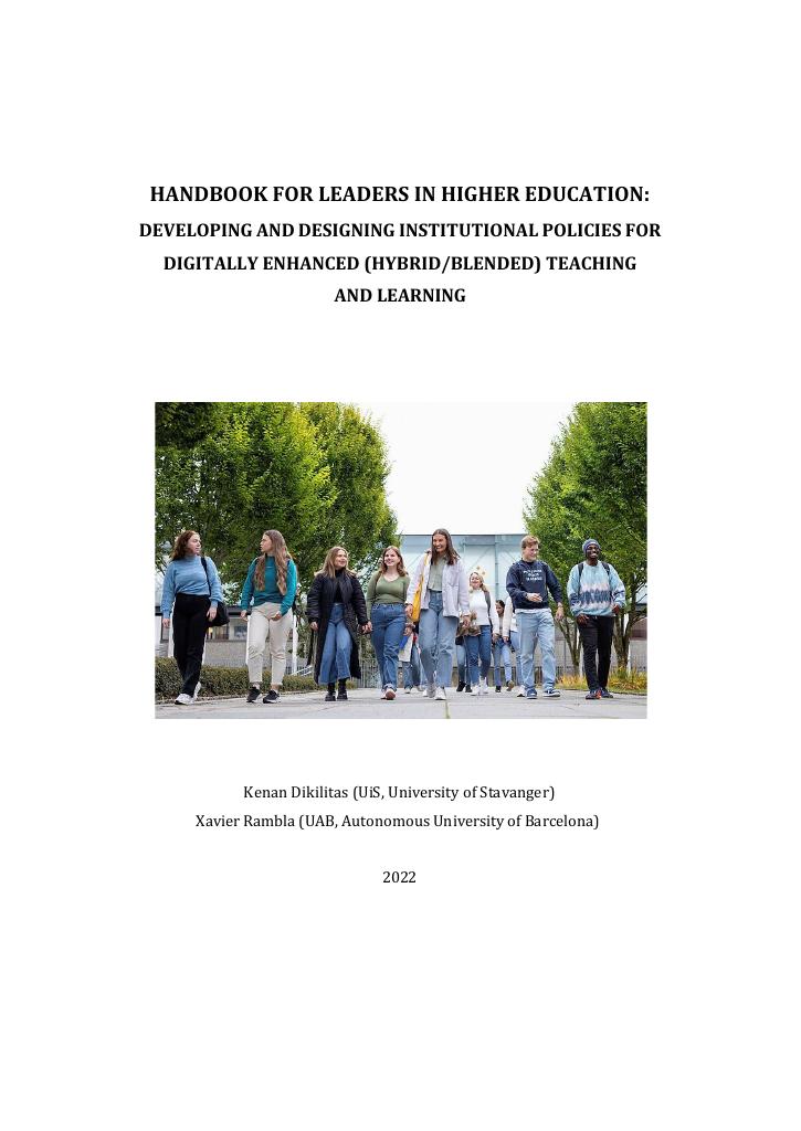 Forsiden av dokumentet Handbook for leaders in higher education : developing and designing institutional policies for digitally enhanced (hybrid/blended) teaching and learning