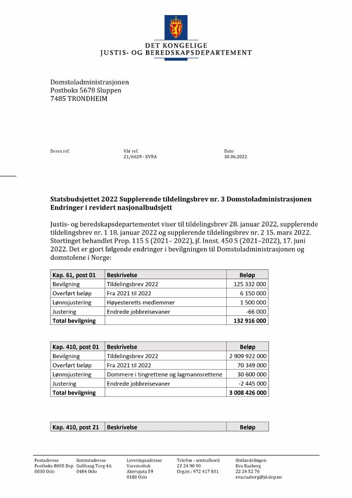 Forsiden av dokumentet Tildelingsbrev Domstoladministrasjonen 2022 - tillegg nr. 3
