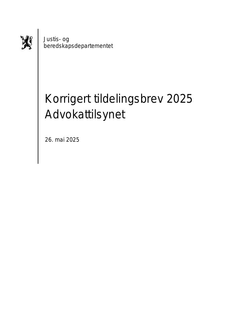 Forsiden av dokumentet Tildelingsbrev Advokattilsynet 2025, korrigert