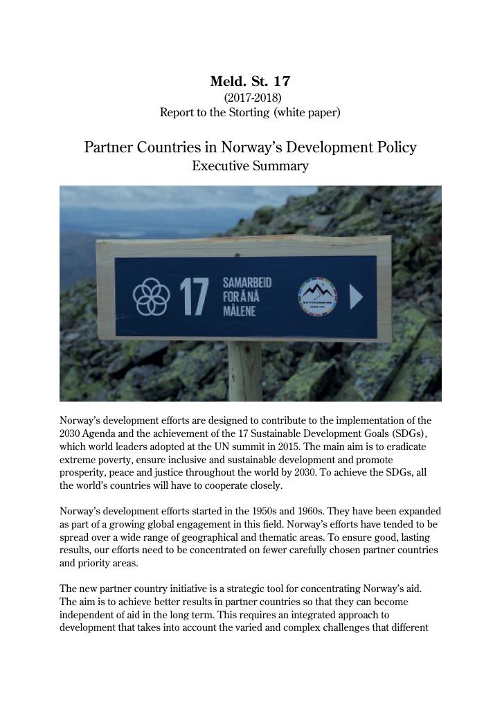 Forsiden av dokumentet Meld. St. 17 (2017-2018) Partner Countries in Norway’s Development Policy