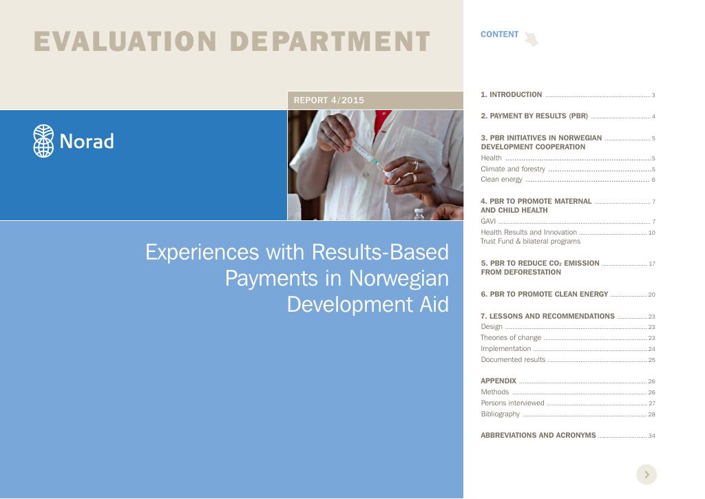 Forsiden av dokumentet Experiences with Results-Based Payments in Norwegian Development Aid