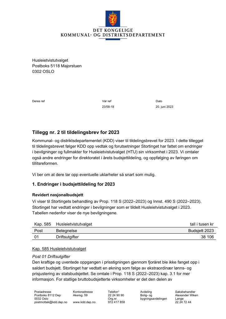 Forsiden av dokumentet Tillegg nr. 2 HTU 2023 (pdf)