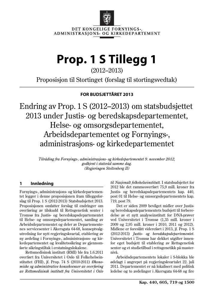 Forsiden av dokumentet Prop. 1 S Tillegg 1 (2012–2013)