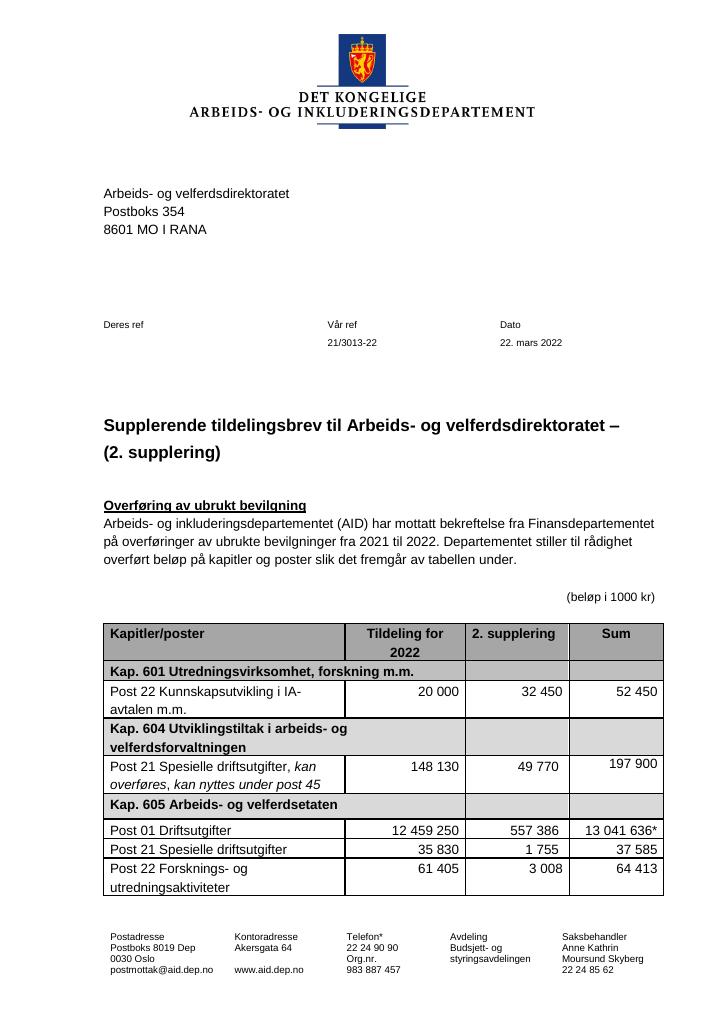 Forsiden av dokumentet Tildelingsbrev Arbeids- og velferdsdirektoratet 2022 - tillegg nr. 2
