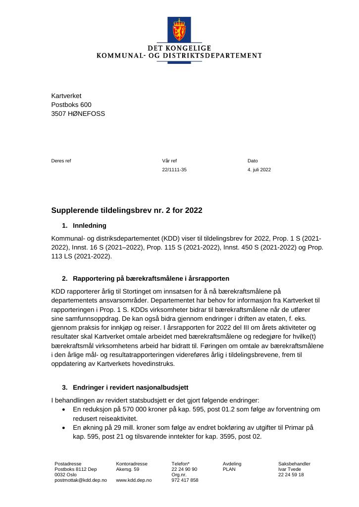 Forsiden av dokumentet Tildelingsbrev Kartverket 2022 - tillegg nr. 2